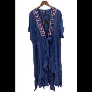 America & Beyond Women's Embroidered Tie Waist Caftan Navy Multi - Regular